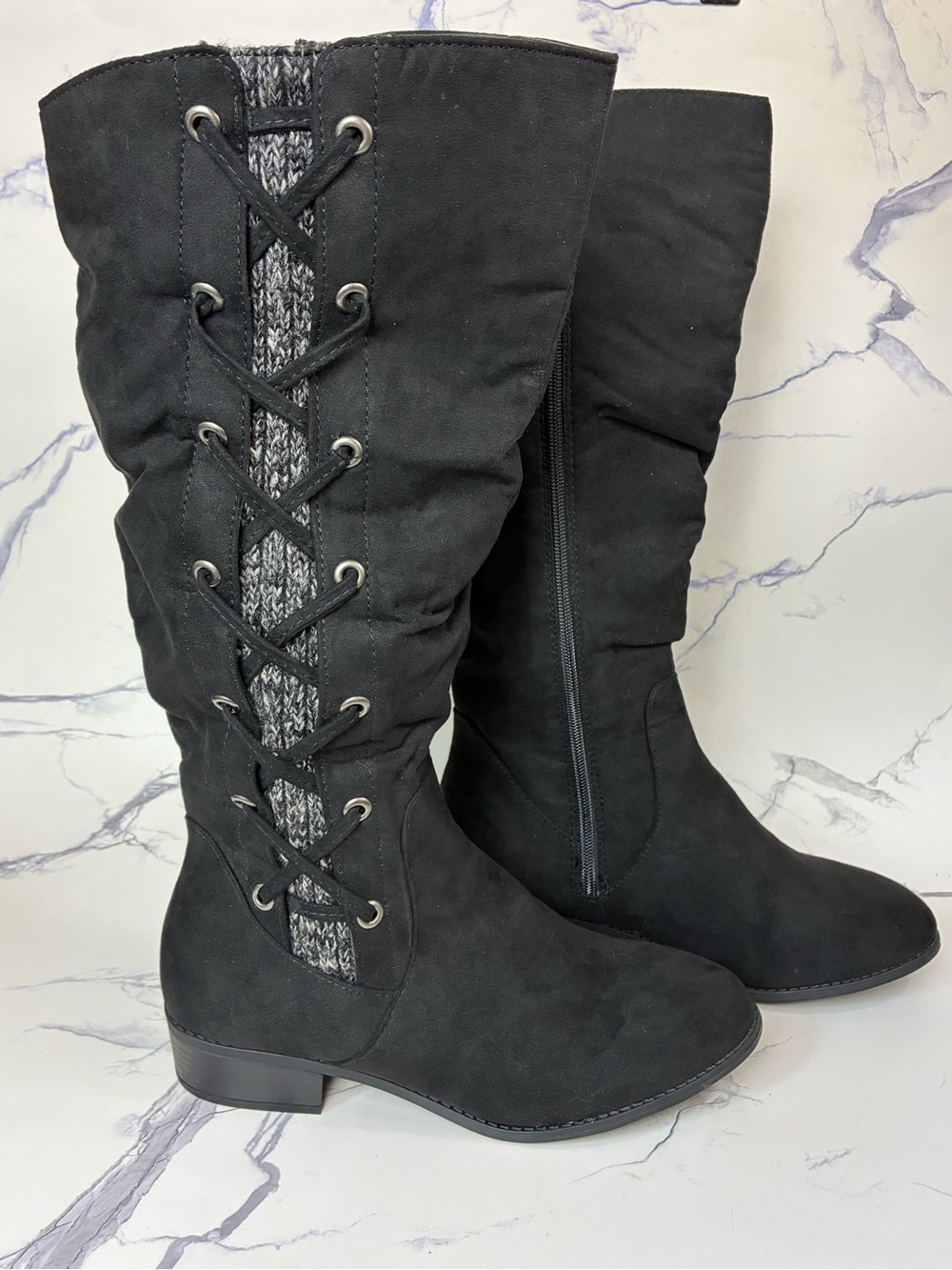 SO Black Lace-Up Mid-Calf Boots with Knit Panel